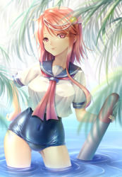 Rule 34 | 1girl, :p, absurdres, ahoge, commentary request, covered navel, gluteal fold, hair ornament, hand on own hip, highres, i-58 (kancolle), kantai collection, looking at viewer, one-piece swimsuit, palm tree, pink hair, school swimsuit, school uniform, see-through, seiya (iiseven), serafuku, short hair, smile, solo, swimsuit, swimsuit under clothes, tongue, tongue out, torpedo, tree, type 95 torpedo, wading, water, wet, wet clothes