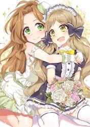 Rule 34 | 2girls, :d, bad id, bad pixiv id, bare shoulders, black dress, blush, bouquet, bow, bridal gauntlets, brown eyes, brown hair, center frills, chobi (penguin paradise), closed mouth, commentary request, dress, floral background, flower, frilled skirt, frills, green eyes, handa roco, highres, holding, holding bouquet, hug, hug from behind, idolmaster, idolmaster million live!, long hair, maid headdress, multiple girls, nikaidou chizuru, open mouth, pink flower, pink rose, puffy short sleeves, puffy sleeves, rose, seiza, short sleeves, sitting, skirt, smile, sparkle, thighhighs, very long hair, white background, white bow, white dress, white flower, white legwear, white rose, yellow bow