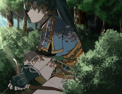 Rule 34 | 1girl, blue dress, bow (weapon), commentary request, delsaber, dress, earrings, fingerless gloves, fire emblem, fire emblem: the blazing blade, forest, from side, gloves, green eyes, green gloves, green hair, holding, holding bow (weapon), holding weapon, jewelry, long hair, looking away, lyn (fire emblem), nature, nintendo, plant, ponytail, profile, shorts, solo, standing, standing on one leg, sunlight, thighs, tree, very long hair, weapon
