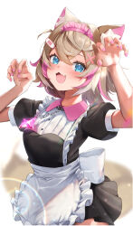 Rule 34 | 1girl, :3, :d, absurdres, alternate costume, apron, bandaid, bandaid hair ornament, black dress, blonde hair, blue eyes, blush, claw pose, dress, enmaided, hair ornament, highres, hololive, hololive english, looking at viewer, maid, maid apron, medium hair, mococo abyssgard, multicolored hair, nail polish, open mouth, pink hair, pink nails, saka mikatsuki, smile, solo, streaked hair, virtual youtuber, white apron, white background, x hair ornament