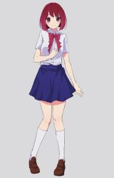 Rule 34 | 1girl, adapted costume, arima kana, blue skirt, blush, bob cut, bow, bowtie, brown footwear, clenched hand, closed mouth, collared shirt, commentary, dress shirt, full body, grey background, inverted bob, kneehighs, loafers, looking at viewer, making-of available, medium hair, no pupils, oshi no ko, pink bow, pink bowtie, red eyes, red hair, school uniform, shibapower, shirt, shoes, short sleeves, simple background, skirt, smile, socks, solo, summer uniform, tachi-e, white shirt, white socks
