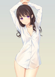 Rule 34 | 1girl, arms up, blush, breasts, brown background, brown hair, closed mouth, collarbone, collared shirt, dress shirt, eyebrows hidden by hair, gradient background, grey background, hair ornament, hairclip, long hair, long sleeves, looking at viewer, n.g., naked shirt, original, purple eyes, shirt, small breasts, smile, white shirt