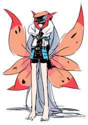 Rule 34 | 1girl, absurdly long hair, bad id, bad pixiv id, bike shorts, black gloves, black hat, blue eyes, creatures (company), domino mask, elbow gloves, full body, game freak, gen 5 pokemon, gloves, hat, insect wings, kz 609, long hair, mask, moth wings, necktie, nintendo, personification, pokemon, pokemon bw, red necktie, shorts, simple background, sketch, solo, standing, very long hair, volcarona, white background, white hair, wings