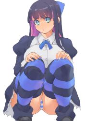 Rule 34 | ass, black hair, blue eyes, breasts, colored inner hair, long hair, looking at viewer, minakami (flyingman555), multicolored hair, panties, panty &amp; stocking with garterbelt, parted lips, pink hair, simple background, sketch, solo, squatting, stocking (psg), striped clothes, striped panties, striped thighhighs, thighhighs, underwear, white background