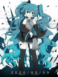 Rule 34 | 1girl, aqua hair, aqua necktie, aqua pupils, arm at side, ashi izumo, bare shoulders, black eyes, black footwear, black skirt, black sleeves, boots, commentary, dated, detached sleeves, full body, grey shirt, hair ornament, hand up, hatsune miku, headset, highres, holding, holding megaphone, long hair, looking at viewer, megaphone, microphone, miku day, miniskirt, necktie, nervous smile, pleated skirt, shirt, skirt, sleeveless, sleeveless shirt, smile, solo, standing, sweat, thigh boots, twintails, very long hair, vocaloid, wide sleeves