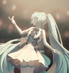 Rule 34 | 1girl, absurdres, arm at side, backlighting, bad id, bad pixiv id, bare shoulders, black ribbon, blue hair, blurry, blurry background, chromatic aberration, closed eyes, closed mouth, dress, elbow gloves, expressionless, eyelashes, facing away, flat chest, frilled shirt collar, frills, gloves, hand up, hatsune miku, high collar, highres, indoors, legs together, light particles, long hair, miku symphony (vocaloid), neck ribbon, profile, ramboo pdy03, ribbon, short dress, sidelocks, sleeveless, sleeveless dress, solo, spotlight, standing, theater, thighhighs, twintails, upper body, very long hair, vocaloid, white dress, white gloves, white thighhighs, zettai ryouiki