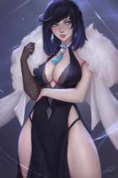 Rule 34 | 1girl, alternate costume, aqua eyes, artist name, black dress, black hair, blue background, blue hair, bob cut, breasts, cleavage, commentary, cowboy shot, diagonal bangs, dice, dress, earrings, english commentary, evening gown, fur trim, genshin impact, gloves, grin, highres, jewelry, kayav, large breasts, looking at viewer, multicolored hair, navel, necklace, short hair, side slit, signature, smile, solo, two-tone hair, yelan (genshin impact)