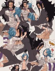 Rule 34 | 1boy, 1girl, alternate costume, apron, apron lift, arms behind head, ass grab, bad id, bad pixiv id, barefoot, black hair, blue hair, breasts, cleavage, clenched teeth, clothes lift, collared shirt, crossdressing, curly hair, detached collar, dress, dress shirt, english text, enmaided, fairy tail, flower, french kiss, frilled apron, frilled dress, frills, gajeel redfox, girl on top, grey dress, grey pants, hair flower, hair ornament, handjob, heart, hetero, highres, kiss, levy mcgarden, long hair, long sleeves, maid, maid headdress, medium breasts, medium hair, midriff, navel, nipples, open clothes, open mouth, open shirt, pants, pleated dress, purple flower, purple rose, rose, rusky, shirt, short dress, speech bubble, stomach, striped clothes, striped thighhighs, teeth, thighhighs, unbuttoned, unbuttoned shirt, very long hair, white apron, white shirt, wing collar, zettai ryouiki