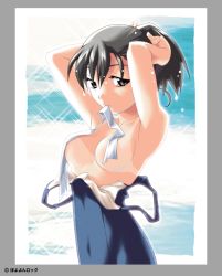 Rule 34 | 1girl, bikini tan, black eyes, black hair, censored, clothes pull, convenient censoring, mouth hold, one-piece swimsuit, one-piece swimsuit pull, ponytail, school swimsuit, solo, swimsuit, tan, tanline, undressing, watanabe akio, water, wet