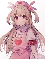 Rule 34 | 1girl, apron, armband, bandaged wrist, bandages, blush, closed mouth, cowboy shot, dress, hair ornament, hanasaki ayame (artist), hat, heart, highres, light brown hair, long hair, looking at viewer, natori sana, nurse cap, pink apron, pink eyes, pink hat, rabbit hair ornament, safety pin, sana channel, short sleeves, simple background, solo, two side up, virtual youtuber, white background, white dress