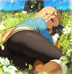 Rule 34 | 1girl, ass, blonde hair, blue sky, cameltoe, cleft of venus, fingerless gloves, flower, gloves, grass, green eyes, letdie1414, long hair, looking at viewer, lying, nintendo, on side, pants, pointy ears, princess zelda, silent princess, sky, smile, solo, the legend of zelda, the legend of zelda: breath of the wild, tight clothes, tight pants, tree