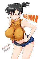 Rule 34 | 1girl, alternate breast size, armpits, artist name, arumat, bare arms, bare shoulders, belt, black hair, blowing kiss, blush, breasts, brown eyes, character name, covered erect nipples, cowboy shot, creatures (company), crop top, denim, denim shorts, game freak, gym leader, hands on own hips, heart, highres, impossible clothes, impossible shirt, large breasts, leaning forward, looking at viewer, midriff, misty (pokemon), navel, nintendo, one eye closed, poke ball, poke ball (basic), pokemon, pokemon: the electric tale of pikachu, pokemon (anime), pokemon (classic anime), shirt, short hair, short shorts, shorts, side ponytail, signature, simple background, sleeveless, smile, solo, standing, twitter username, white background