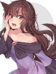 Rule 34 | 1girl, animal ears, asa (coco), bare shoulders, blush, breasts, brooch, brown hair, cleavage, collarbone, dress, fangs, hand on own cheek, hand on own face, imaizumi kagerou, jewelry, long hair, long sleeves, medium breasts, off-shoulder dress, off shoulder, open mouth, purple dress, red eyes, solo, tail, touhou, upper body, wide sleeves, wolf ears, wolf tail