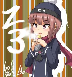 Rule 34 | 10s, 1girl, blush, brown eyes, brown hair, clothes writing, female focus, food, hat, kantai collection, maple takoyaki, military, military uniform, scarf, solo, uniform, upper body, z3 max schultz (kancolle)