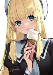 Rule 34 | 1girl, absurdres, artist name, assault lily, beret, black ribbon, blonde hair, blue eyes, blunt bangs, blurry, commentary request, cropped jacket, depth of field, food, hair tie, hand up, hat, head tilt, highres, holding, holding food, ice cream, ice cream cone, juliet sleeves, kanon mone, light smile, long hair, long sleeves, looking at viewer, neck ribbon, parted lips, puffy sleeves, ribbon, school uniform, shirt, sidelocks, simple background, sketch, solo, tachihara sayu, upper body, white background, white hat, white shirt, yurigaoka girls academy school uniform