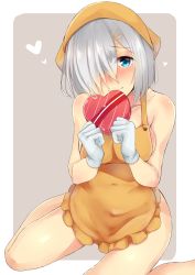Rule 34 | 10s, 1girl, alternate costume, apron, ashino, bare legs, bare shoulders, box, breasts, brown background, candy, chocolate, chocolate heart, cleavage, closed mouth, collarbone, covered navel, food, frilled apron, frills, gift, gift box, gloves, hair ornament, hair over one eye, hairclip, hamakaze (kancolle), head scarf, heart, heart-shaped box, highres, holding, kantai collection, looking at viewer, medium breasts, naked apron, orange apron, raised eyebrows, short hair, silver hair, simple background, sitting, smile, solo, spread legs, tareme, valentine, w arms, wariza, white gloves
