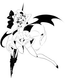 Rule 34 | 1girl, ascot, bat wings, closed mouth, dress, frilled dress, frills, full body, greyscale, hanokami, hat, hat ribbon, high contrast, highres, holding, holding weapon, looking at viewer, mob cap, monochrome, remilia scarlet, ribbon, short hair, simple background, solo, spear the gungnir, thighhighs, touhou, weapon, wings