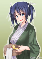 Rule 34 | 10s, 1girl, anti (untea9), bathrobe, blue eyes, blue hair, bucket, green background, hair ribbon, highres, holding, japanese clothes, kantai collection, matching hair/eyes, ribbon, rubber duck, short hair, simple background, smile, solo, souryuu (kancolle), towel, twintails, twitter username, white ribbon