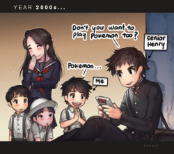 Rule 34 | 1girl, 4boys, bag, black eyes, black hair, blush, buttons, child, commentary, english text, closed eyes, game boy, game boy (original), hair ornament, handheld game console, hat, kawacy, leaning, long hair, multiple boys, open mouth, original, own hands clasped, own hands together, school bag, school hat, school uniform, serafuku, sitting, smile, suspenders, aged down