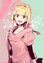 Rule 34 | 10s, 1girl, :d, ahoge, aran sweater, bag, blonde hair, cable knit, casual, collarbone, fate/extra, fate/extra ccc, fate/grand order, fate (series), green eyes, hair intakes, hair ribbon, handbag, koshiro itsuki, nero claudius (fate), nero claudius (fate) (all), nero claudius (fate/extra), open mouth, pink sweater, ribbon, short-sleeved sweater, short sleeves, smile, solo, sweater, turtleneck