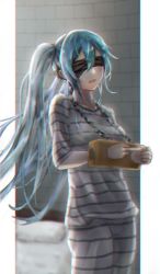 Rule 34 | 1girl, 39rnb, aqua hair, bdsm, bed, blindfold, blush, bondage, bound, bound wrists, breasts, chromatic aberration, female focus, hatsune miku, highres, indoors, long hair, middle finger, number tattoo, open mouth, ponytail, prison, prison clothes, prisoner, solo, standing, tattoo, tongue, tongue out, twintails, upper body, vocaloid