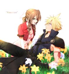 Rule 34 | 1boy, 1girl, aerith gainsborough, arm ribbon, armor, asymmetrical hair, black gloves, black pants, blonde hair, blue eyes, blue shirt, braid, braided ponytail, breasts, brown hair, buttons, choker, cleavage, cloud strife, couple, cropped jacket, dated, dress, english text, field, final fantasy, final fantasy vii, final fantasy vii advent children, flower, flower field, gloves, grass, green eyes, hair between eyes, hair ribbon, high collar, jacket, kneeling, krudears, long hair, medium breasts, muscular, muscular male, open collar, pants, parted bangs, parted lips, pink dress, pink ribbon, reclining, red jacket, ribbon, shirt, short hair, short sleeves, shoulder armor, shoulder strap, sidelocks, sleeveless, sleeveless shirt, spiked hair, square enix, talking, upper body, wavy hair, white flower, wide-eyed, wolf, yellow flower, zipper