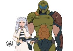 Rule 34 | 1boy, 1girl, armor, clenched hands, doom (series), doomguy, earrings, elf, faceless, faceless male, frieren, green eyes, gun, height difference, helmet, highres, jewelry, kamii momoru, long hair, looking at viewer, pointy ears, shotgun, signature, simple background, size difference, sousou no frieren, twintails, weapon, white background, white hair