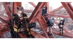 Rule 34 | 404 (girls&#039; frontline), 4girls, :d, assault rifle, black footwear, black jacket, black shorts, brown eyes, brown hair, building, bullpup, caseless firearm, closed mouth, full body, g11 (girls&#039; frontline), g11 (mod3) (girls&#039; frontline), girls&#039; frontline, green headwear, gun, h&amp;k g11, h&amp;k hk416, h&amp;k ump, hair between eyes, hair ornament, highres, hk416 (girls&#039; frontline), hk416 (mod3) (girls&#039; frontline), holding, holding gun, holding weapon, horizontal magazine, jacket, leggings, long hair, looking at viewer, multiple girls, one eye closed, open mouth, outdoors, rifle, scar, scar across eye, scar on face, shorts, side ponytail, sitting, sky, smile, stairs, standing, sushiwa, twintails, ump45 (girls&#039; frontline), ump45 (mod3) (girls&#039; frontline), ump9 (girls&#039; frontline), ump9 (mod3) (girls&#039; frontline), waving, weapon, white hair, white sky, yellow eyes
