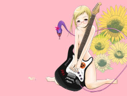 Rule 34 | 1girl, anthrax (band), bad id, bad pixiv id, barefoot, biohazard symbol, blonde hair, breasts, cable, electric guitar, feet, flower, full body, glasses, guitar, holding, instrument, kneeling, light smile, megadeth, metallica, narrow waist, nipples, nude, own hands together, penpen (penpen1942), pink-framed eyewear, pink background, pinup (style), simple background, slayer (band), small breasts, smile, snake, solo, sticker, sunflower, swept bangs, twintails, v arms