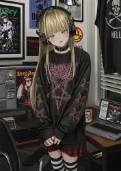 Rule 34 | 1girl, absurdres, bags under eyes, belt collar, black collar, black nails, black shirt, blonde hair, blue eyes, blunt bangs, cellphone, clock, coffee, coffee mug, collar, computer, cup, digital clock, english text, fidgeting, gishiki (gshk), head tilt, headphones, highres, hime cut, indoors, laptop, long hair, looking at viewer, monitor, mug, nail polish, narrowed eyes, open mouth, original, oversized clothes, oversized shirt, phone, plaid, plaid skirt, pleated skirt, poster (object), profanity, red skirt, shirt, skirt, skull ring, sleeves past wrists, smartphone, smile, solo, standing, straight hair, striped clothes, striped thighhighs, swivel chair, thighhighs, very long sleeves, window, window blinds, zettai ryouiki