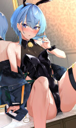Rule 34 | 1girl, animal ears, bare shoulders, blue eyes, blue hair, blush, bow, breasts, cameltoe, cleavage, detached collar, earrings, fake animal ears, hcz n, highres, hololive, hoshimachi suisei, jacket, jewelry, leotard, looking at viewer, medium hair, mirror, nail polish, parted lips, playboy bunny, rabbit ears, see-through, see-through cleavage, small breasts, solo, star (symbol), star in eye, strapless, strapless leotard, symbol in eye, thigh strap, thighs, virtual youtuber, wrist cuffs