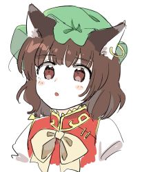 Rule 34 | 1girl, :o, animal ear fluff, animal ears, blush stickers, brown eyes, brown hair, cat ears, chen, cropped torso, dress, earrings, gold trim, jewelry, red dress, sasa kichi, short hair, simple background, single earring, sketch, solo, touhou, upper body, white background