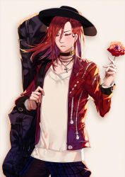 Rule 34 | 1boy, alternate costume, bishounen, closed eyes, fate/grand order, fate (series), flower, grey background, half-closed eyes, hat, instrument case, jacket, jewelry, long hair, male focus, necklace, red eyes, red hair, rose, shei99, simple background, solo, tristan (fate), upper body