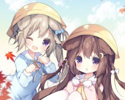 Rule 34 | 2girls, animal ears, autumn leaves, azur lane, blue shirt, bow, braid, brown hair, clenched hands, commentary request, crescent, crescent hair ornament, dog ears, fumizuki (azur lane), hair bow, hair ornament, hairclip, hands on own chest, hat, knees up, leaf, long hair, multiple girls, nagatsuki (azur lane), one eye closed, open mouth, pantyhose, paw pose, pink shirt, purple eyes, ribbon, school hat, school uniform, serafuku, shirt, side ponytail, sitting, smile, tsukimi (xiaohuasan), upper body, very long hair, white legwear, yellow headwear