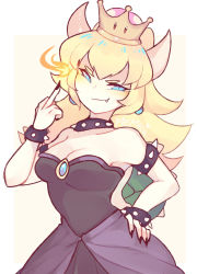 Rule 34 | armlet, black dress, blonde hair, bowsette, bracelet, collar, dress, highres, horns, jewelry, mario (series), middle finger, mimi-loves-foxes, new super mario bros. u deluxe, nintendo, sharp teeth, solo, spiked bracelet, spiked collar, spikes, strapless, strapless dress, super crown, teeth, turtle shell