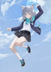 Rule 34 | 1girl, absurdres, animal ear fluff, animal ears, arm up, black skirt, blue archive, blue eyes, blue footwear, blue halo, blue jacket, blue scarf, blue sky, closed mouth, cloud, commentary request, floating, full body, grey hair, halo, highres, jacket, lizard0221, long hair, long sleeves, looking at viewer, mismatched pupils, open clothes, open jacket, plaid, plaid skirt, scarf, school uniform, shiroko (blue archive), shirt, shirt tucked in, shoes, skirt, sky, socks, solo, white shirt, white socks, wolf ears
