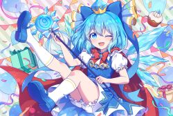 Rule 34 | 1girl, balloon, bloomers, blue bow, blue dress, blue eyes, blue footwear, blue hair, bow, box, cirno, cirno day, detached wings, dress, fairy, food, frilled sleeves, frills, full body, gift, gift box, hair between eyes, hair bow, highres, ice, ice wings, kaoling, muffin, one eye closed, open mouth, shirt, shoes, short hair, short sleeves, smile, socks, solo, touhou, underwear, white bloomers, white shirt, white socks, wings