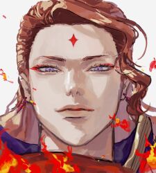 Rule 34 | 1boy, black clover, commentary request, crystal earrings, earrings, eyeliner, facial mark, fire, forehead mark, fuegoleon vermillion, highres, jewelry, looking at viewer, male focus, orange hair, portrait, purple eyes, red eyeliner, simple background, smile, solo, tdgypm, white background