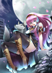 Rule 34 | 1girl, bad id, bad pixiv id, blue eyes, boots, headphones, highres, knee boots, long hair, megurine luka, moon, pink hair, sitting, solo, sts, thighhighs, very long hair, vocaloid, wolf