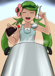 Rule 34 | 1girl, armpit peek, bare arms, bare shoulders, black background, blue background, blush, brown background, closed eyes, collarbone, cooking, creatures (company), flower, from below, game freak, green hair, green hairband, hair flower, hair ornament, hairband, hands up, highres, holding, holding ladle, iegami, ladle, long hair, low twintails, mallow (pokemon), nintendo, open mouth, overalls, pink shirt, pokemon, pokemon sm, pot, shirt, sleeveless, solo, steam, swept bangs, teeth, thick eyebrows, tongue, trial captain, twintails, upper teeth only