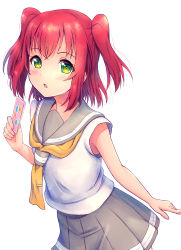 Rule 34 | 1girl, b.ren, blush, green eyes, grey sailor collar, grey skirt, highres, holding, kurosawa ruby, leaning forward, long hair, love live!, love live! sunshine!!, miniskirt, neckerchief, open mouth, pleated skirt, red hair, sailor collar, school uniform, shirt, short sleeves, simple background, skirt, solo, standing, twintails, two side up, white background, white shirt, yellow neckerchief