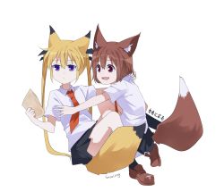 Rule 34 | 2girls, absurdres, animal ear fluff, animal ears, black skirt, blonde hair, brown eyes, brown footwear, brown hair, collar grab, drooling, fang, food, fox girl, fox tail, grabbing, grabbing from behind, hair ribbon, highres, holding, holding food, kemonomimi mode, kill me baby, loafers, mouth drool, multiple girls, necktie, oribe yasuna, outstretched arm, purple eyes, red neckwear, ribbon, school uniform, shoes, short hair, short sleeves, skirt, sonya (kill me baby), tail, tsuki (rrap5725), twintails, white background