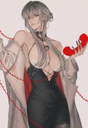 Rule 34 | 1girl, 7nite, absurdres, armpit peek, bare shoulders, black dress, breasts, cable, chain, chain necklace, cleavage, coat, commentary, corded phone, covered navel, cowboy shot, dress, eleven (path to nowhere), grey eyes, grey hair, hair ornament, hair over one eye, hair stick, half-closed eyes, halter dress, halterneck, hands up, highres, hobble dress, holding, holding phone, jewelry, large breasts, linea alba, looking at viewer, microphone, midriff, necklace, off shoulder, open clothes, open coat, parted lips, path to nowhere, phone, red-eye effect, signature, simple background, solo, sweat, symbol-only commentary, two-sided coat, two-sided fabric, updo, white background, white coat