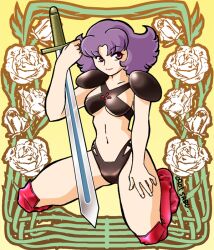 Rule 34 | 1girl, armor, belly, bikini armor, emiya tachi, flower, prime rose, purple hair, sword, weapon