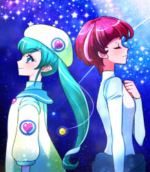 Rule 34 | 2girls, aged up, antennae, aqua eyes, aqua hair, astronaut, back-to-back, beret, blunt bangs, clenched hand, closed eyes, commentary request, from side, hagoromo lala, hair between eyes, hand on own chest, hat, heart, heart print, hoshina hikaru, jacket, kagami chihiro, long hair, long sleeves, multicolored hair, multiple girls, pink hair, pointy ears, precure, sailor collar, shooting star, short hair, smile, space, spacesuit, spoilers, star (sky), star (symbol), star twinkle precure, streaked hair, twintails, upper body, yellow jacket