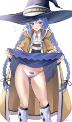 Rule 34 | 1girl, absurdres, blue eyes, blue hair, blue skirt, boots, braid, clothes lift, commentary request, gluteal fold, hat, highres, lifted by self, long hair, long sleeves, mushoku tensei, open mouth, panties, roxy migurdia, simple background, skirt, skirt lift, solo, standing, sukuemon, twin braids, twitter username, underwear, white background, white footwear, white panties, witch hat