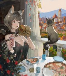 Rule 34 | 1girl, absurdres, animal ear fluff, animal ears, balcony, bare arms, bare shoulders, bell, black choker, black dress, black hair, blue eyes, blush, burger, cat, cat ears, cat girl, cat tail, choker, city, collarbone, commentary, cup, curtains, day, disposable cup, dress, drinking glass, english commentary, fang, flower, food, highres, holding, holding cup, holding food, jingle bell, jung wonjo, knife, looking to the side, neck bell, open mouth, original, outdoors, paw print, pizza, plate, print dress, short hair, siamese cat, sleeveless, sleeveless dress, solo, tail, upper body, wrapper