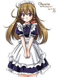 Rule 34 | 10s, 1girl, alternate costume, alternate hair length, alternate hairstyle, apron, bandaid, bandaid on face, character name, cowboy shot, crab, dated, enmaided, hair between eyes, kantai collection, long hair, looking at viewer, maid, maid apron, maid headdress, oboro (kancolle), orange hair, own hands together, purple eyes, short sleeves, simple background, solo, tatsumi ray, twitter username, white background