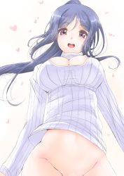Rule 34 | 10s, 1girl, blue hair, blush, bottomless, breasts, cleavage, cleavage cutout, clothing cutout, frapowa, from below, groin, heart, large breasts, long hair, long sleeves, looking at viewer, love live!, love live! sunshine!!, matsuura kanan, meme attire, naked sweater, no panties, open-chest sweater, open mouth, out-of-frame censoring, ponytail, purple eyes, smile, solo, sparkle, standing, sweater, teeth