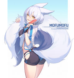Rule 34 | 1girl, :d, animal ears, arknights, ass, bikini, bikini shorts, black shorts, blue bikini, blush, breasts, female focus, fingerless gloves, food, from side, gloves, hair between eyes, highres, hip vent, holding, holding food, holding own tail, jacket, large tail, long hair, looking at viewer, medium breasts, nian (zhanian), official alternate costume, open mouth, popsicle, provence (arknights), provence (casual vacation) (arknights), purple hair, short shorts, short sleeves, shorts, silver hair, smile, solo, swimsuit, tail, thighs, wolf ears, wolf tail, yellow eyes